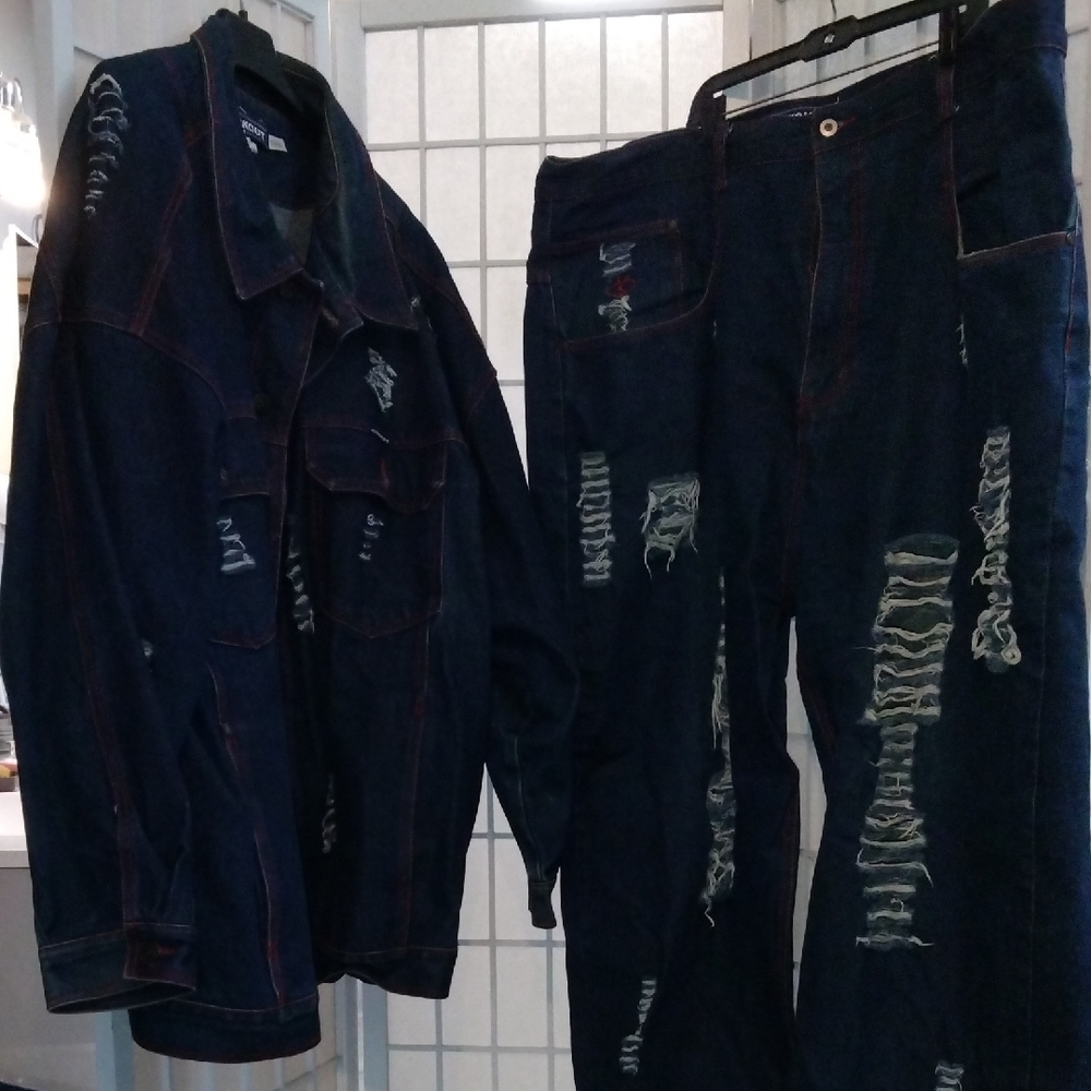 Big And Tall Distressed Denim Jacket and Jeans Set